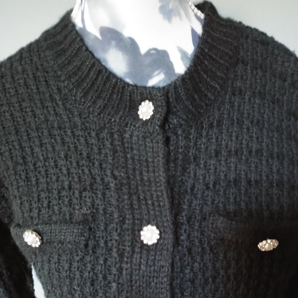 Cardigan Black Textured-Knit Cotton Blend with Bling Buttons, new XS - Picture 2 of 9